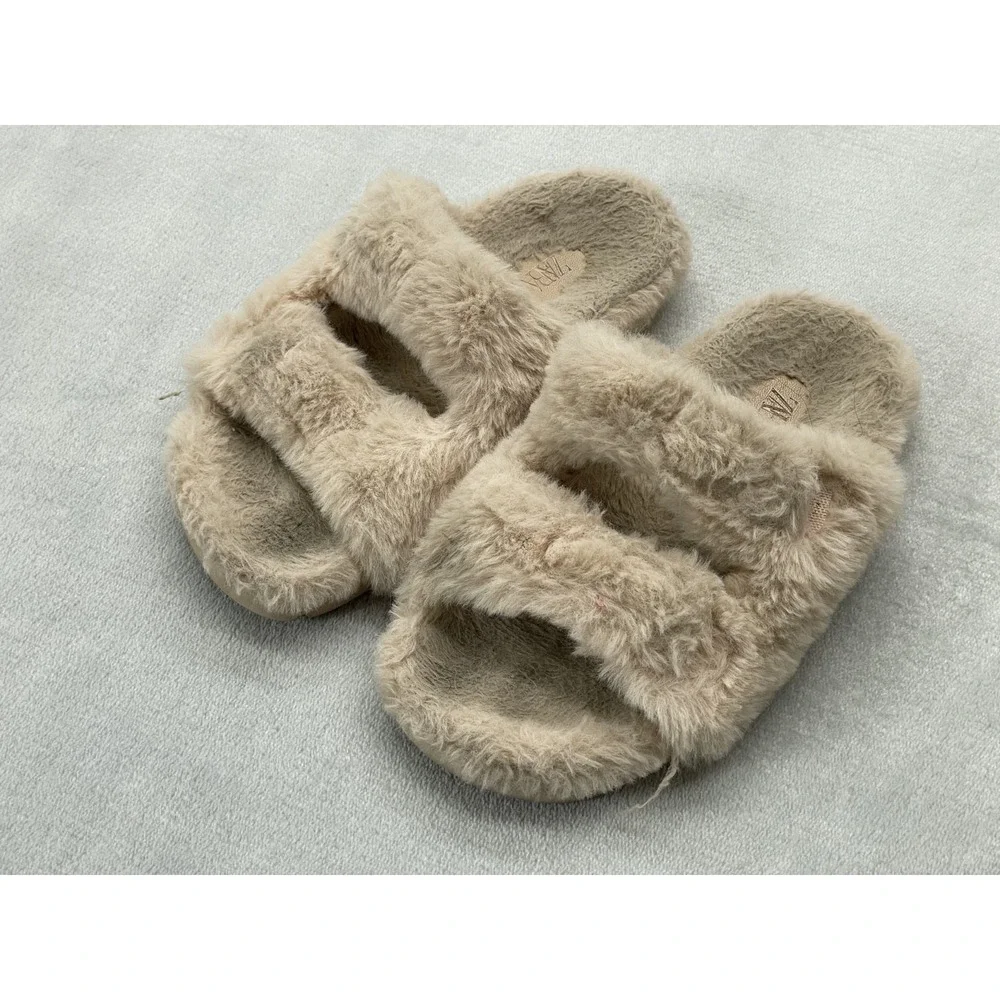 ZARA Sandals Girls Size EU31 US13 Beige Tan Faux Fur Double Strap Fuzzy Slides